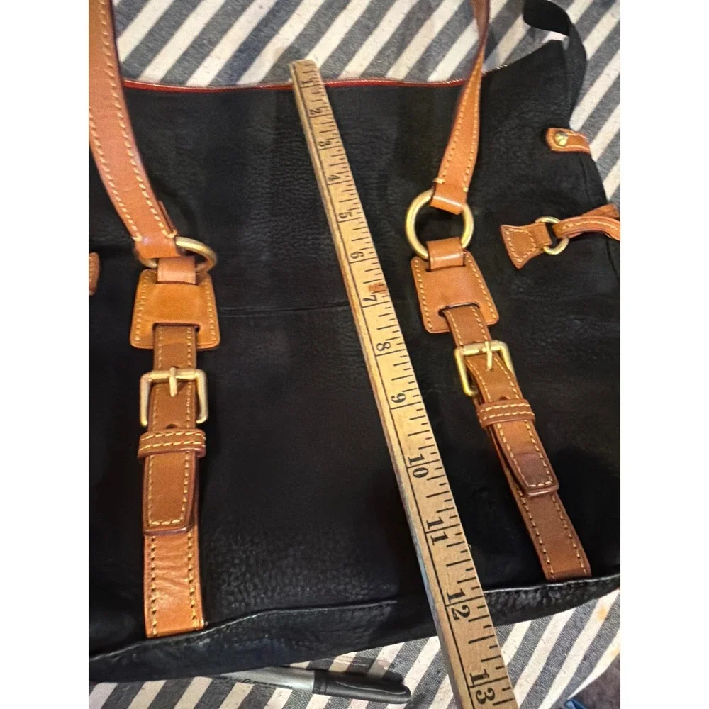 Dooney & Bourke Black Florentine Leather Satchel Bag Ginger Trim Tassel Large